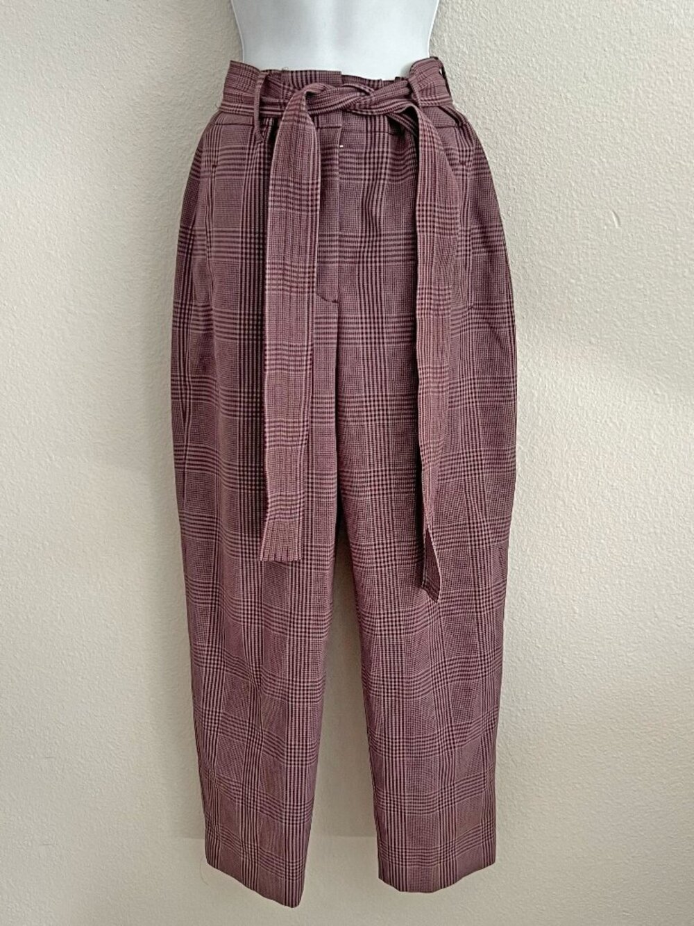Aritzia Wilfred Tie Front Pants Belted Trousers Plaid Purple Cropped Size 4